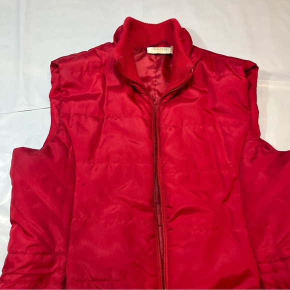 RED Puffer Vest womens M Pockets Sleeveless Jacket RIBBED BAND NECK M cinch Ties - Picture 16 of 16